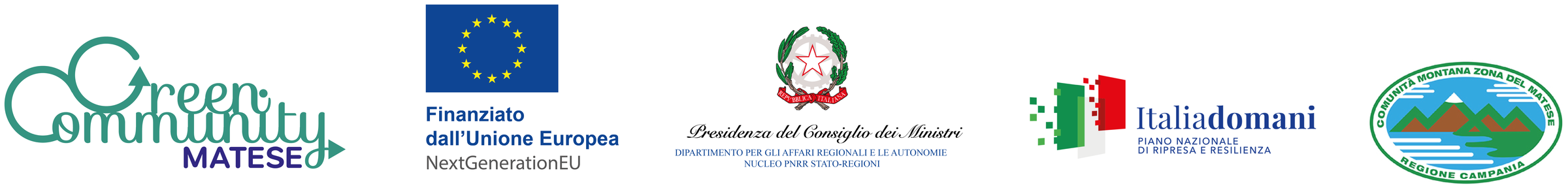 Loghi istituzionali del progetto: Green Community Matese; Finanziato dall’Unione Europea – NextGenerationEU; Presidenza del Consiglio dei Ministri – Dipartimento per gli Affari Regionali e le Autonomie, Nucleo PNRR Stato-Regioni; Italia Domani – Piano Nazionale di Ripresa e Resilienza; Comunità Montana Zona del Matese – Regione Campania.
